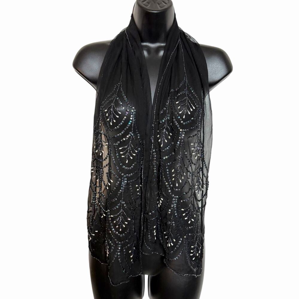 Vtg Black Beaded Sequin Art Deco Style Scarf Boho Whimsigoth Witchy Fairy 14x55